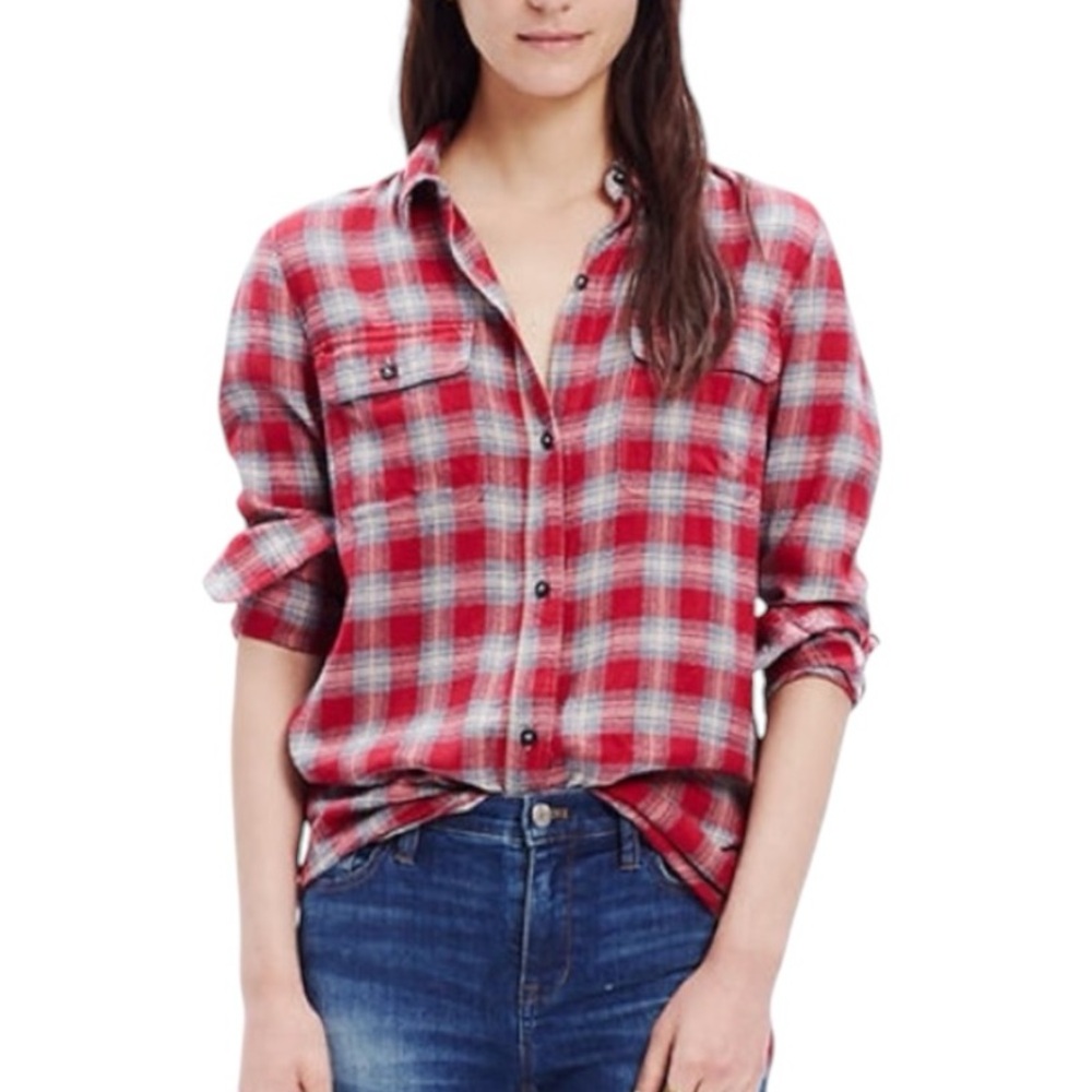 Madewell Ex-Boyfriend Fairfax Plaid Flannel Red Womens Small Button Down Shirt